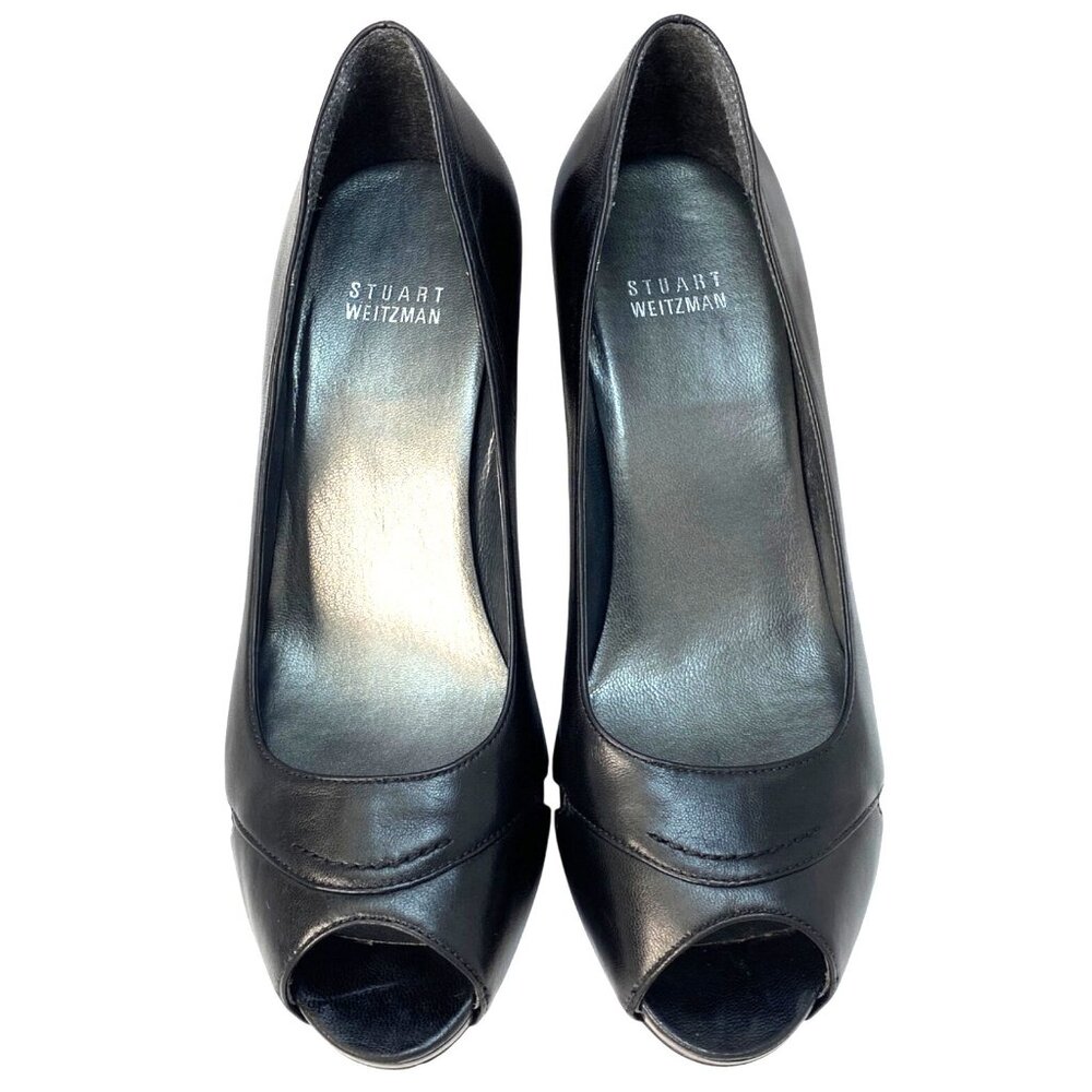 Stuart Weitzman Black Leather Peep Open Toe High Heel Luxury Pumps Size 7.5M - Picture 4 of 13